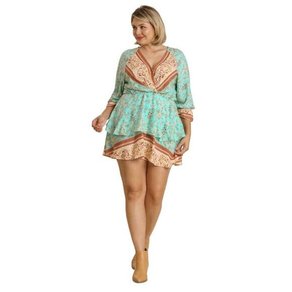 Umgee Boho Chic V-Neck Floral Print Layered Mini Dress Mint Combo Size XL - Picture 1 of 6
